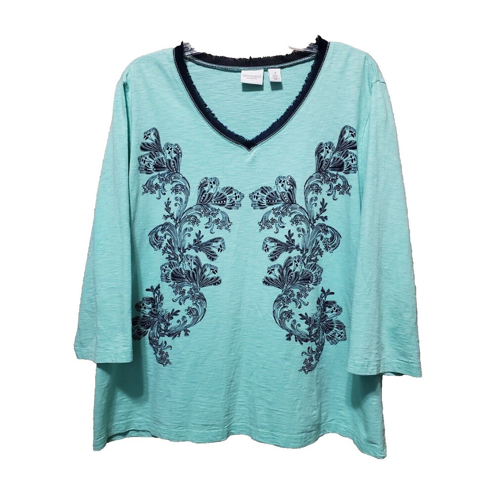Chico's Slub Cotton Studded Frayed Neckline 3/4 Sleeve T-Shirt Size 3 (XL)